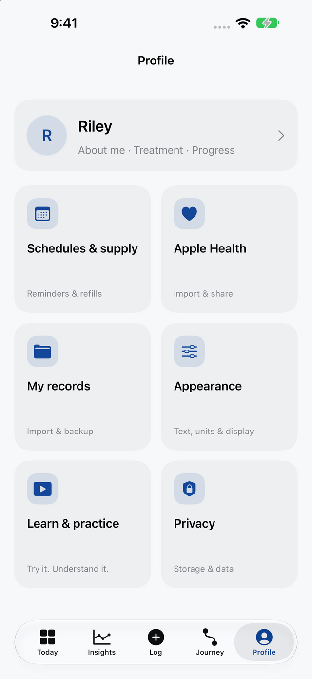 Platinum Track Profile with clear colorful tiles for schedules, Apple Health, records, appearance, learning and privacy