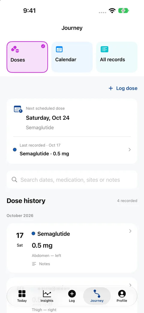 Fictional Journey screen with a calendar and a dose-history list.