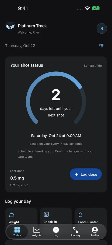Fictional Platinum Track Today screen showing a countdown based on a saved schedule and buttons for logging records.