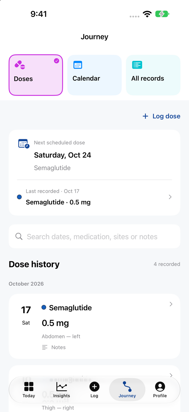 Platinum Track Journey with doses, calendar and all-records navigation